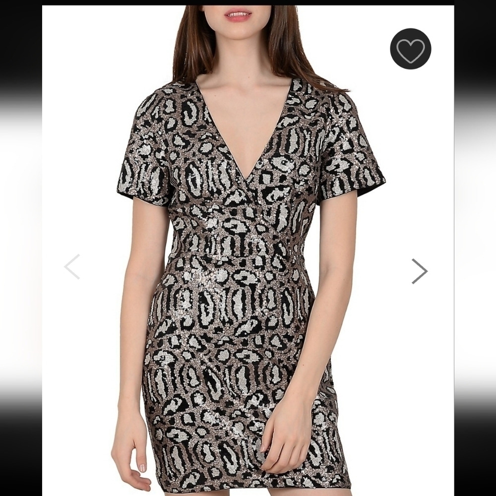Molly Bracken Leopard Sequin Mini Faux Wrap Dress, VGUC, Size XS